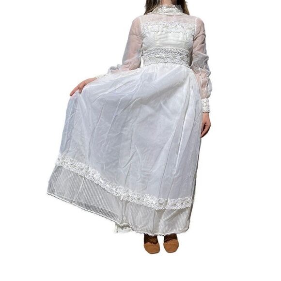 Vintage 1970s White Long Sleeve Lace Boho Prairie Hippy Maxi Wedding Dress Sz XS - Picture 2 of 10